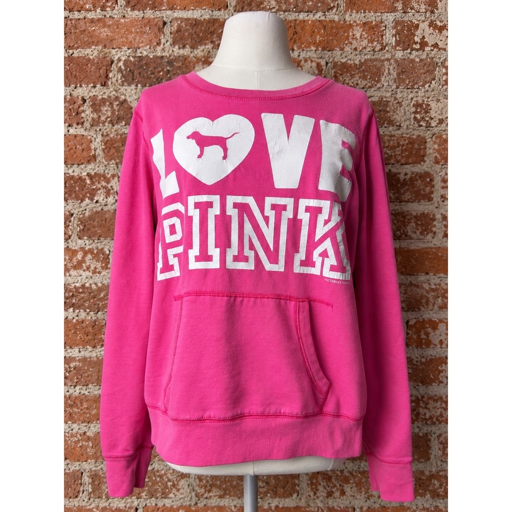 Y2K 2009 PINK Victoria's Secret Hot Pink Graphic Crewneck L McBling Preppy